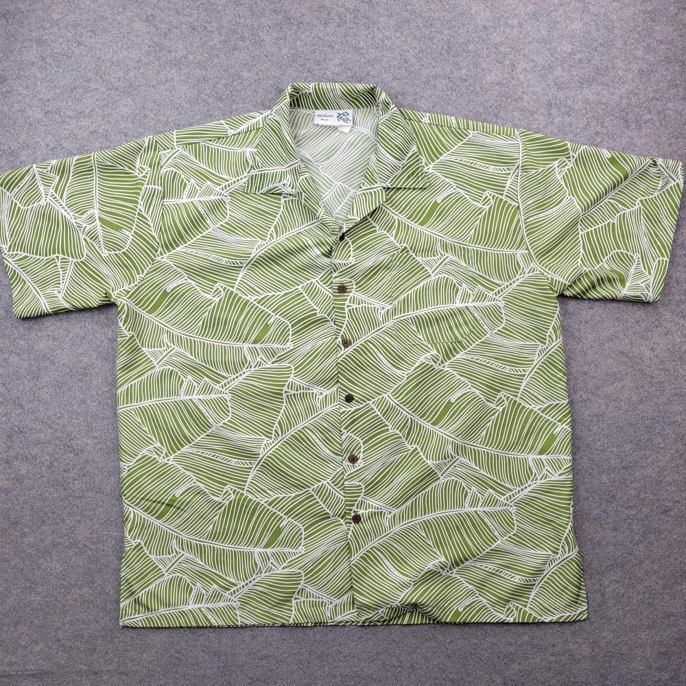 Makani Shirt Men XL Green Leaf Microfiber Hawaiian Button Front Tiki Luau Resort